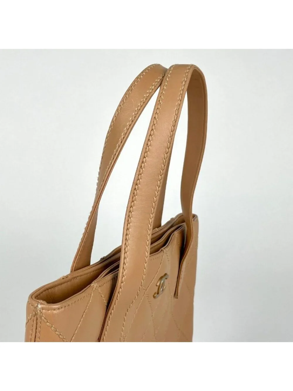 Chanel Wild Stitch Tote CC Logo Leather Beige